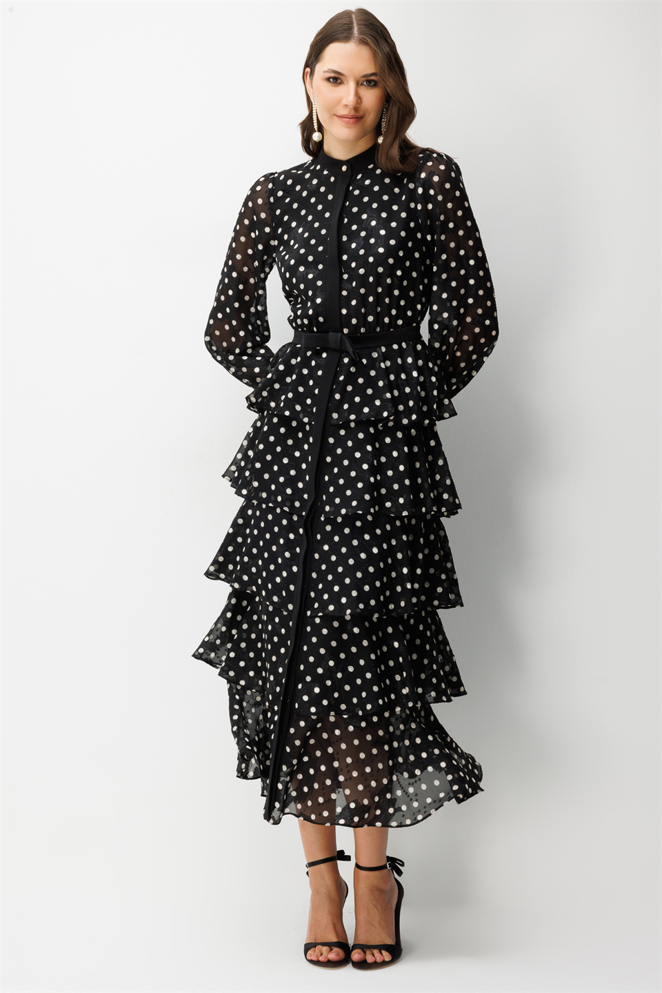 Layered Ruffled Polka Dot Dress BLACK