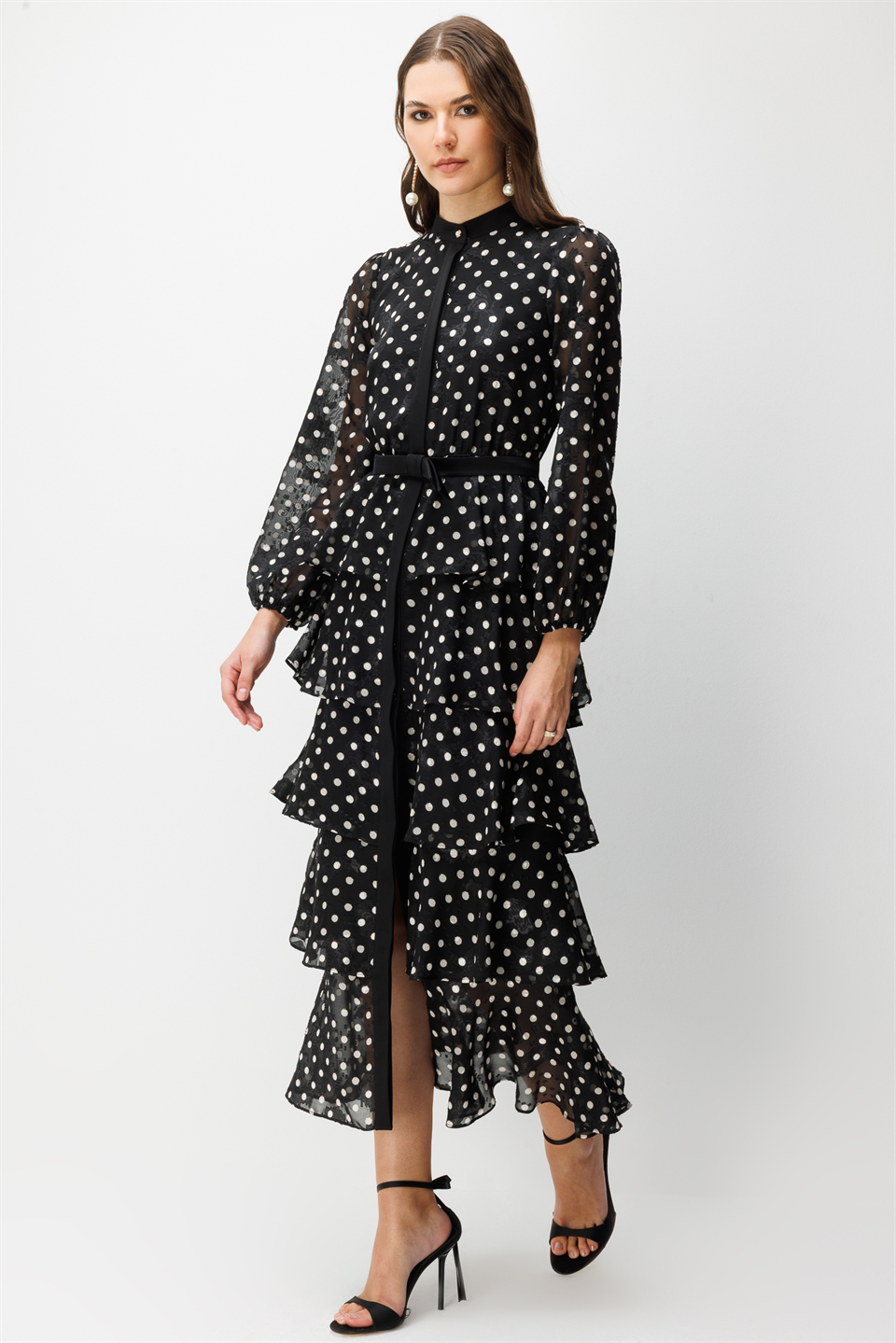 Layered Ruffled Polka Dot Dress BLACK