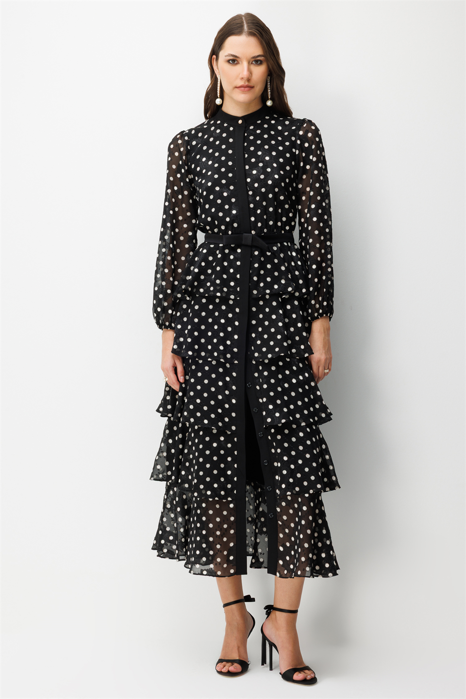 Layered Ruffled Polka Dot Dress BLACK