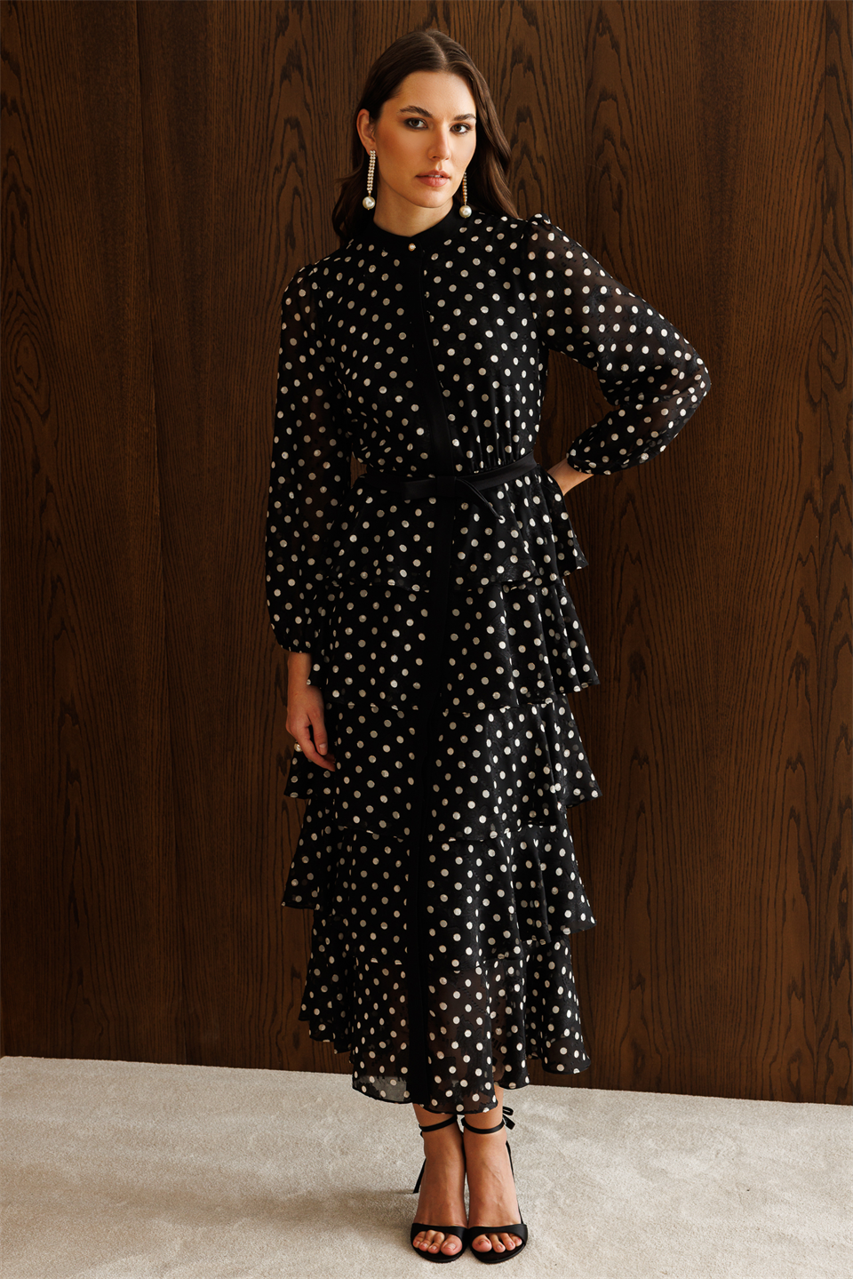 Layered Ruffled Polka Dot Dress BLACK