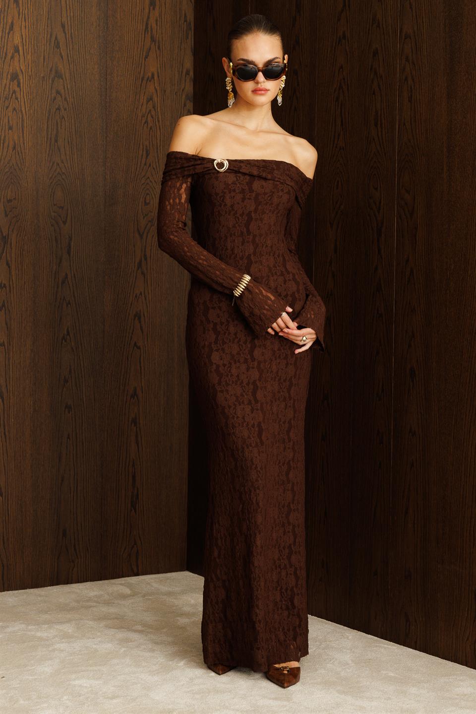 Kayık Yaka Dantel Elbise KAHVE