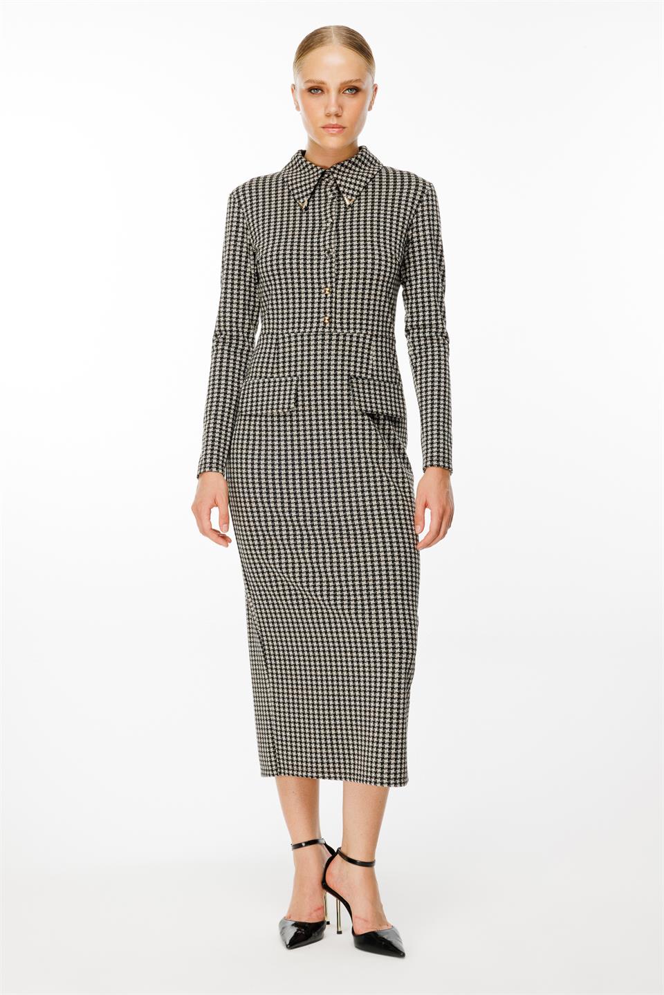 Kazayağı Desen Kapak Cepli Elbise SİYAH