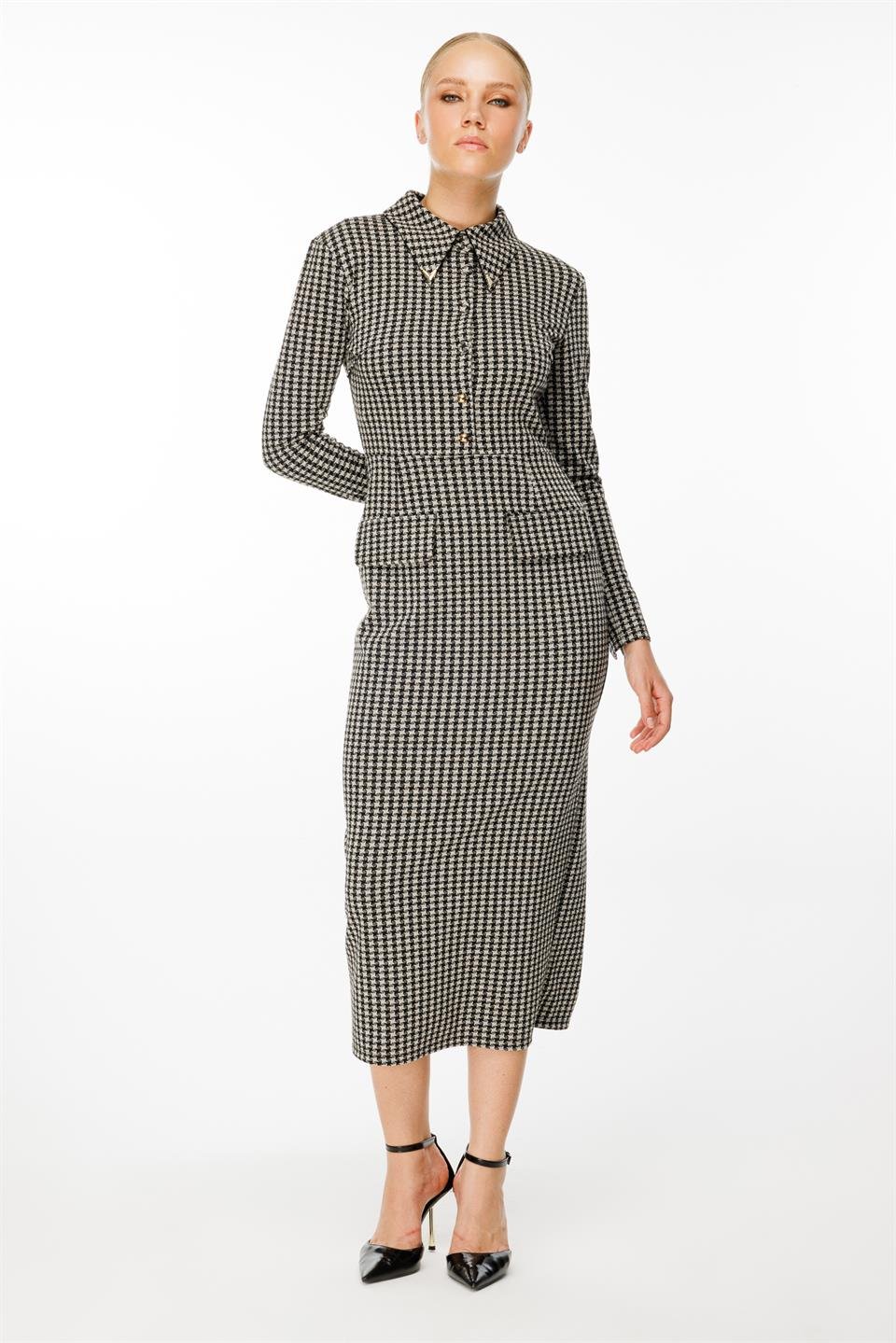 Kazayağı Desen Kapak Cepli Elbise SİYAH