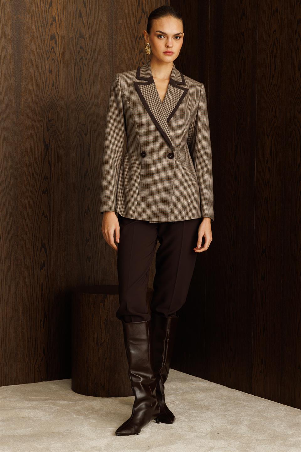 Houndstooth Pattern Double-Breasted Jacket BROWN