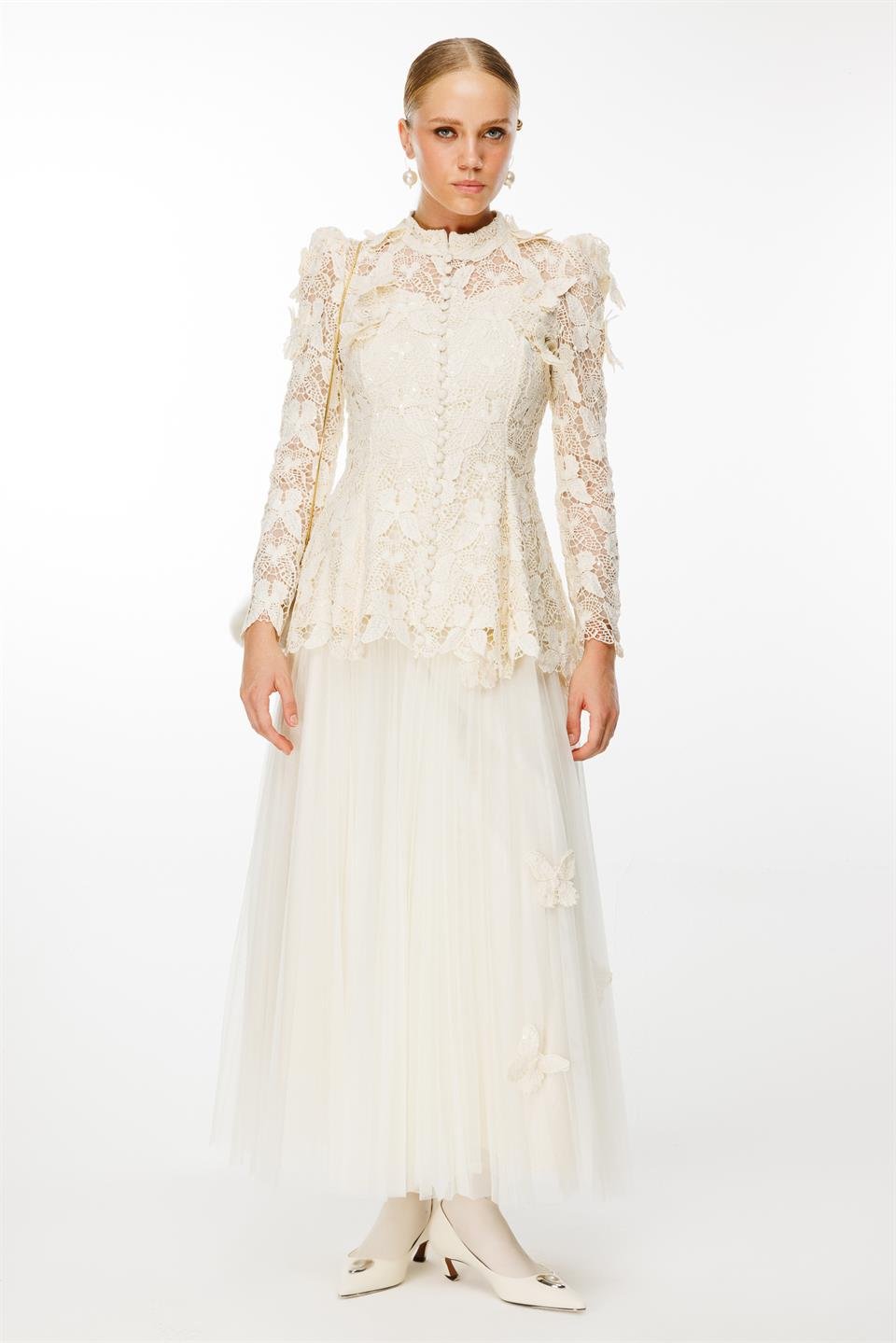 Kelebek Dantel  Detay Etek Ceket 2li Takım EKRU