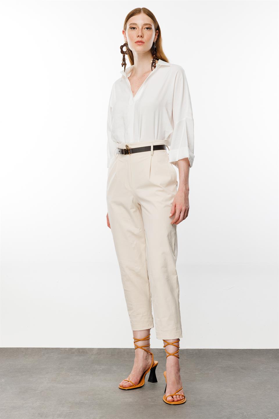 Kemerli Havuç Pantolon EKRU