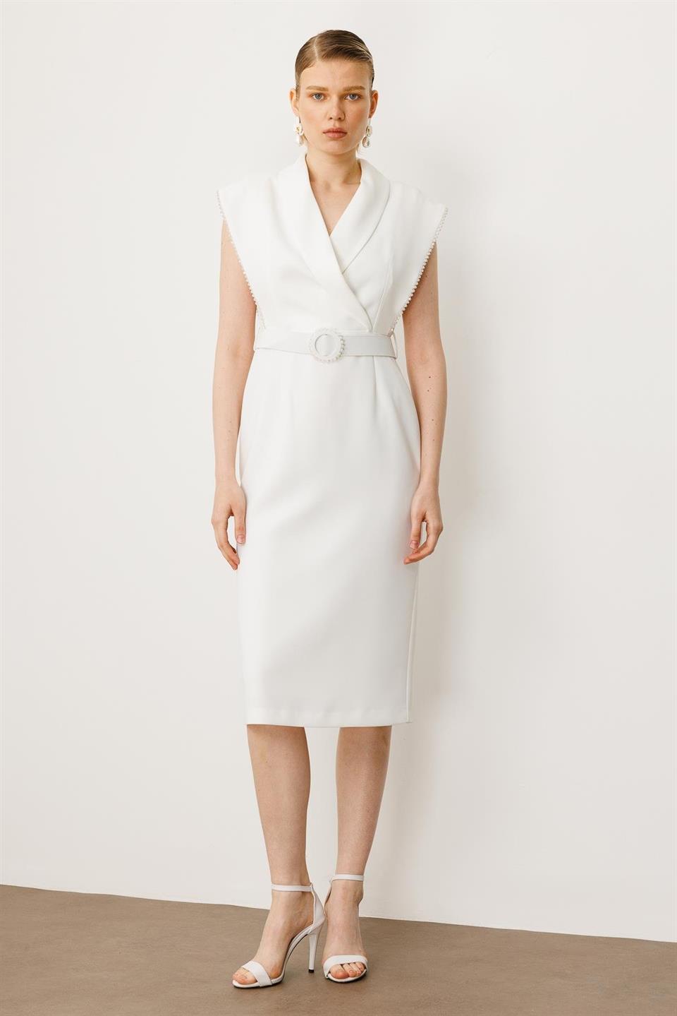 Kol Ağzı Boncuk Aksesuar Detaylı Elbise EKRU