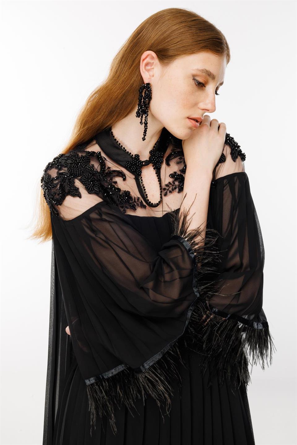 Feathered Armhole Pleated Dress BLACK