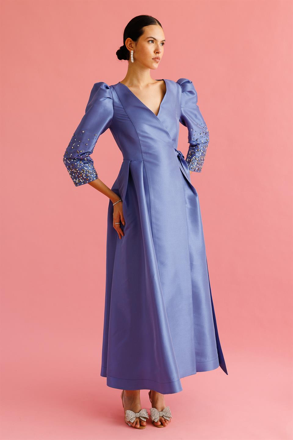 Kol Taş Detaylı Kruvaze Bağlamalı Elbise İNDİGO