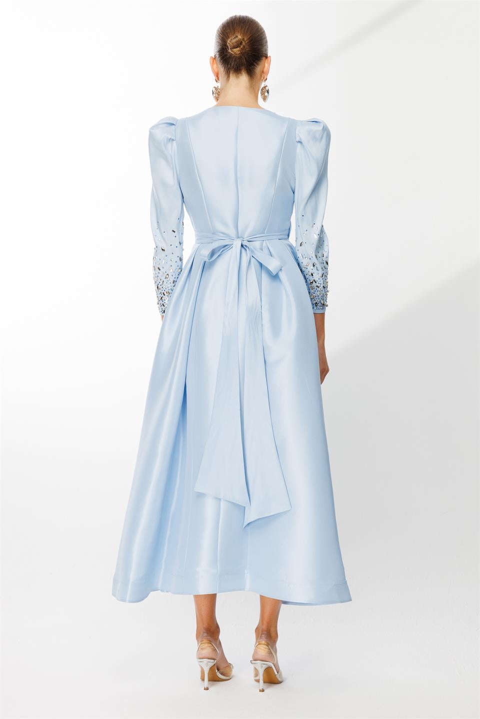 Sleeve Stone Detailed Double Breasted Tie Dress BLUE
