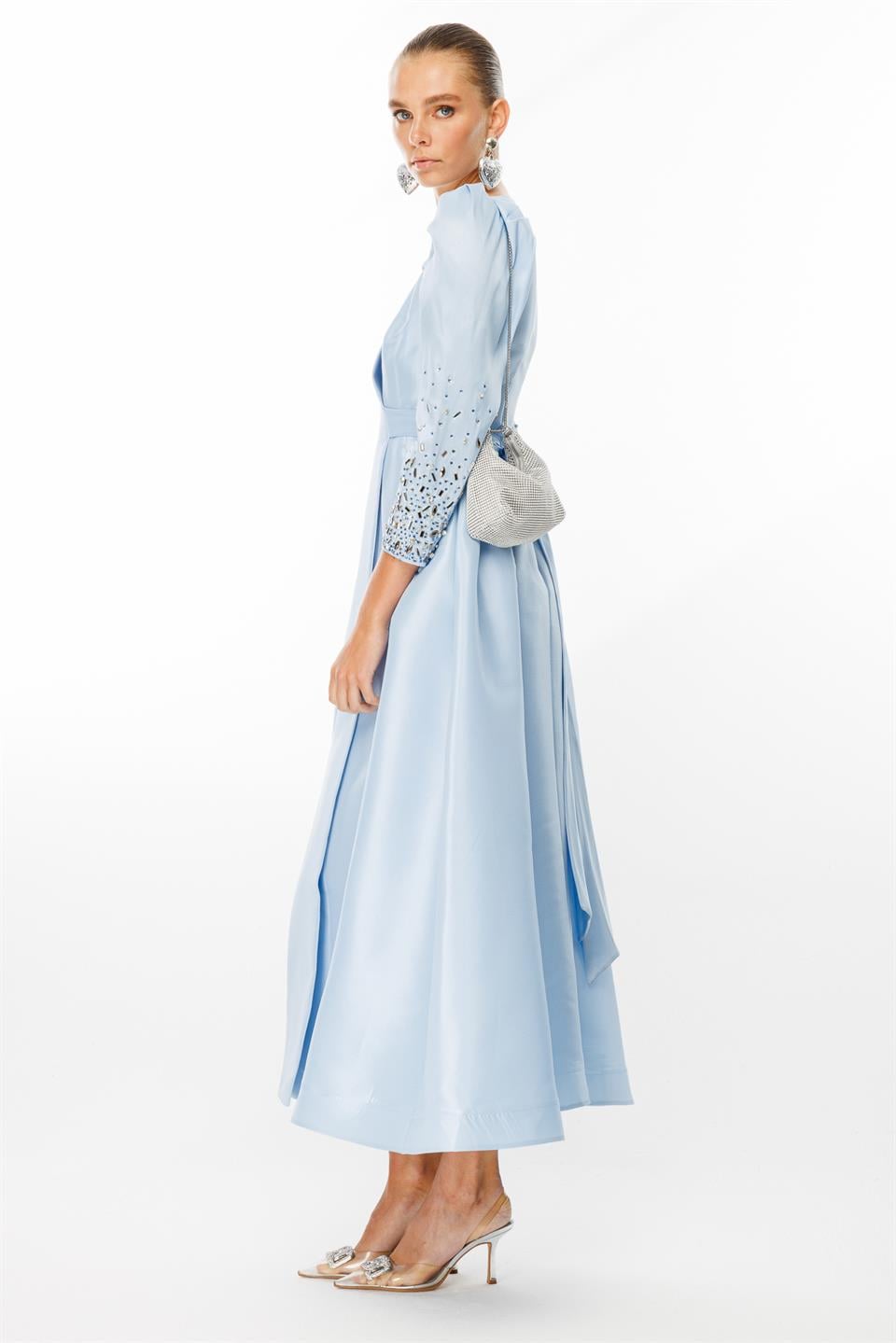Sleeve Stone Detailed Double Breasted Tie Dress BLUE
