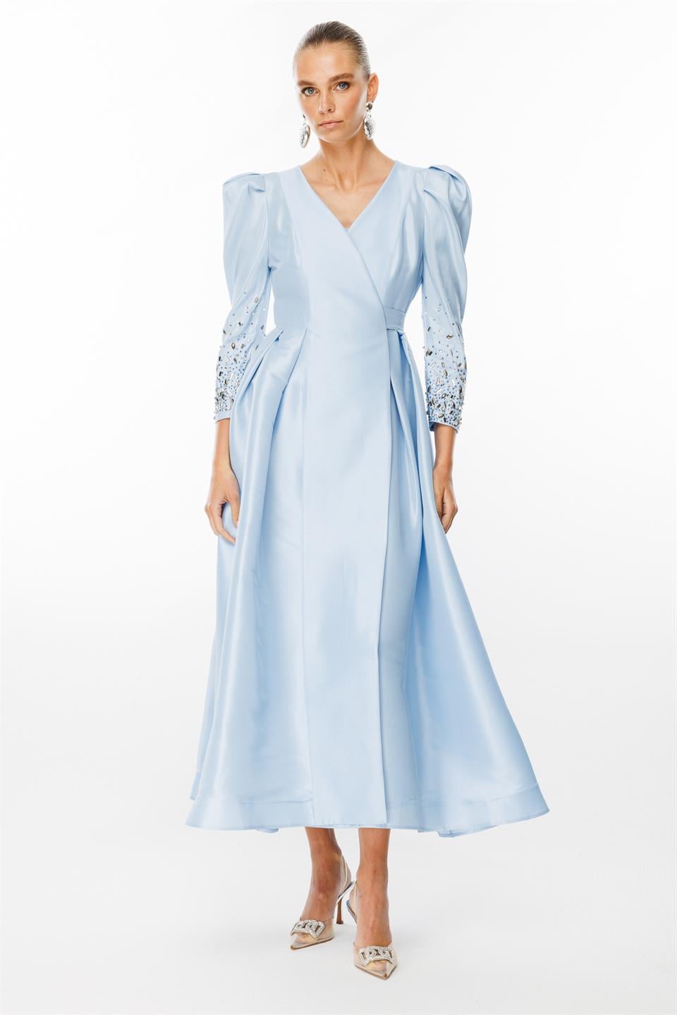 Sleeve Stone Detailed Double Breasted Tie Dress BLUE