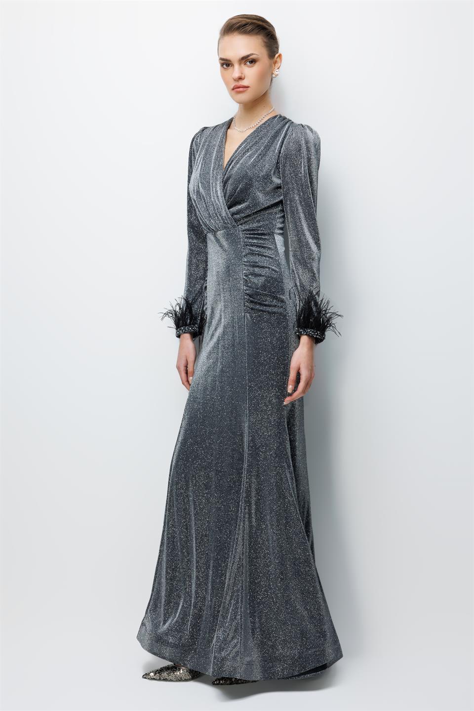 Kol Tüylü Uzun Kol Drape Elbise ANTRASİT