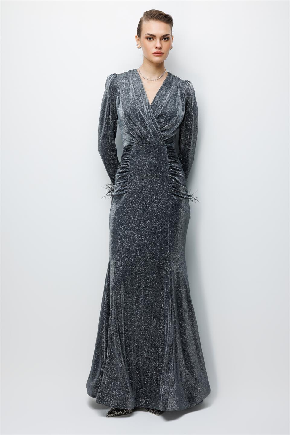 Kol Tüylü Uzun Kol Drape Elbise ANTRASİT