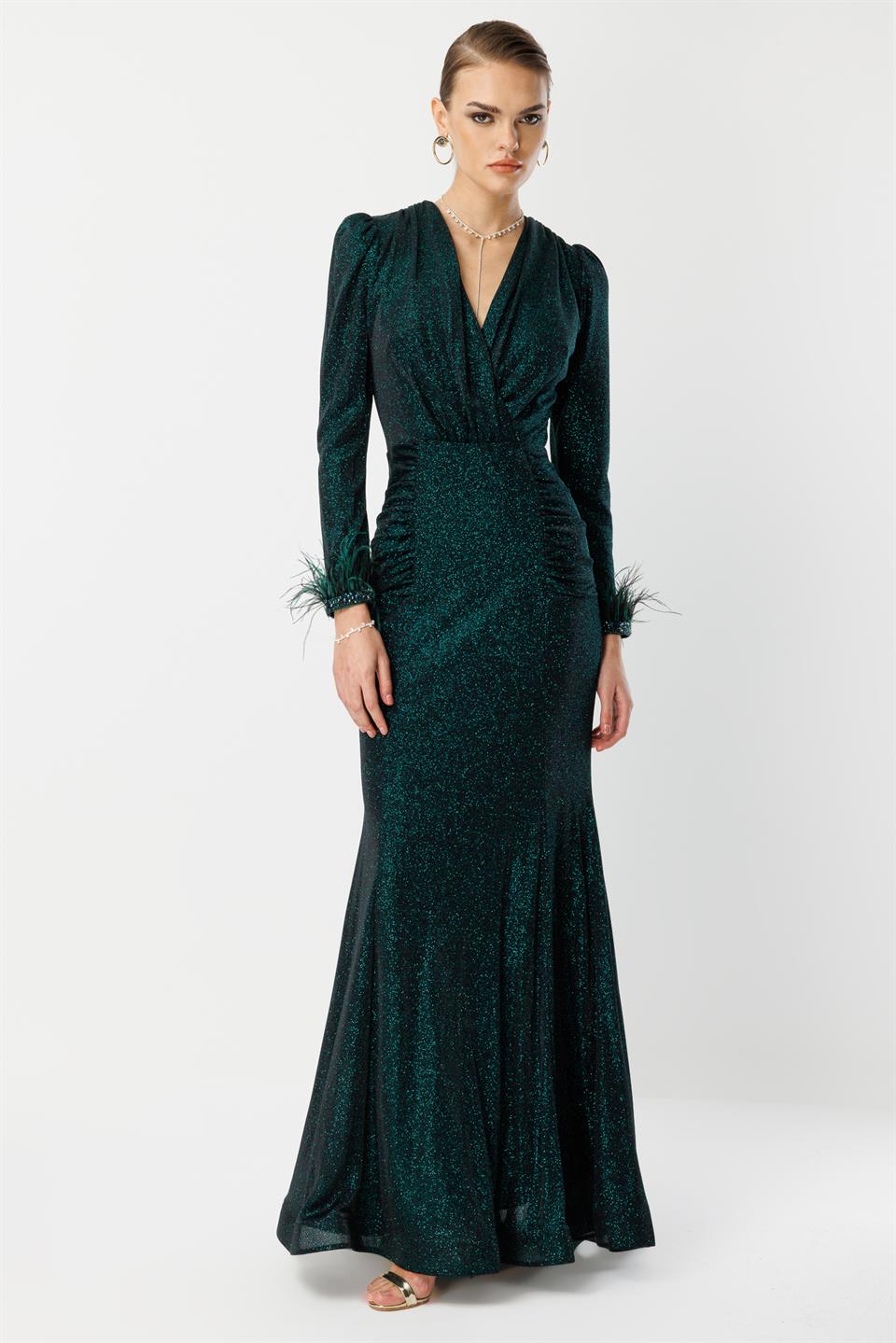 Kol Tüylü Uzun Kol Drape Elbise ZÜMRÜT