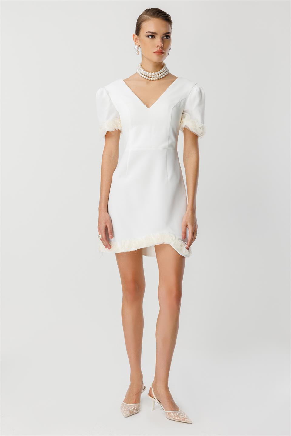 Kol Ve Etek Ucu Gül Detaylı Elbise EKRU