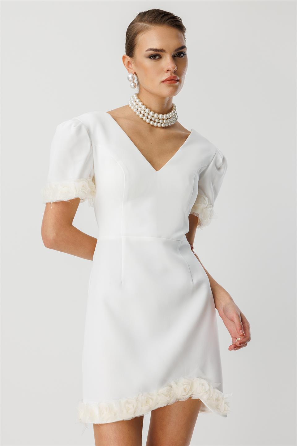 Kol Ve Etek Ucu Gül Detaylı Elbise EKRU