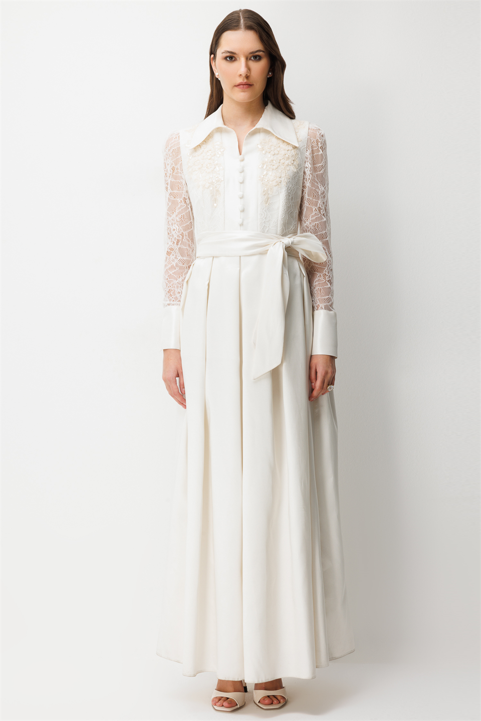 Taffeta Dress with Lace Embroidered Sleeves Ecru
