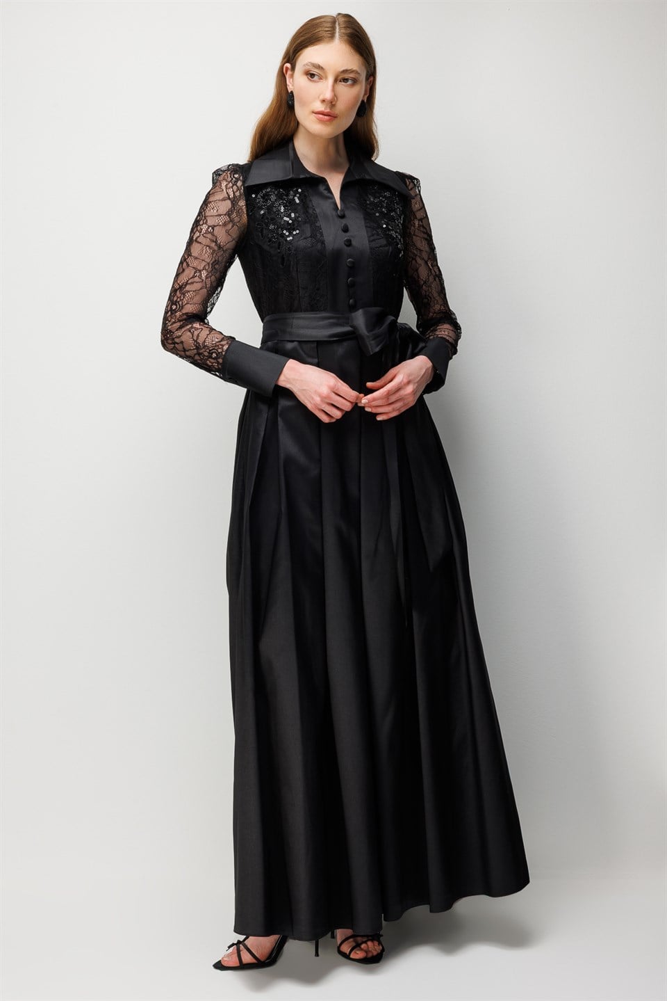 Black Taffeta Dress with Lace Embroidered Sleeves