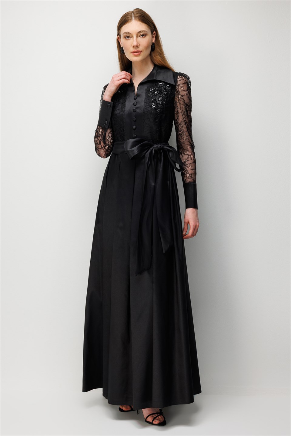 Black Taffeta Dress with Lace Embroidered Sleeves