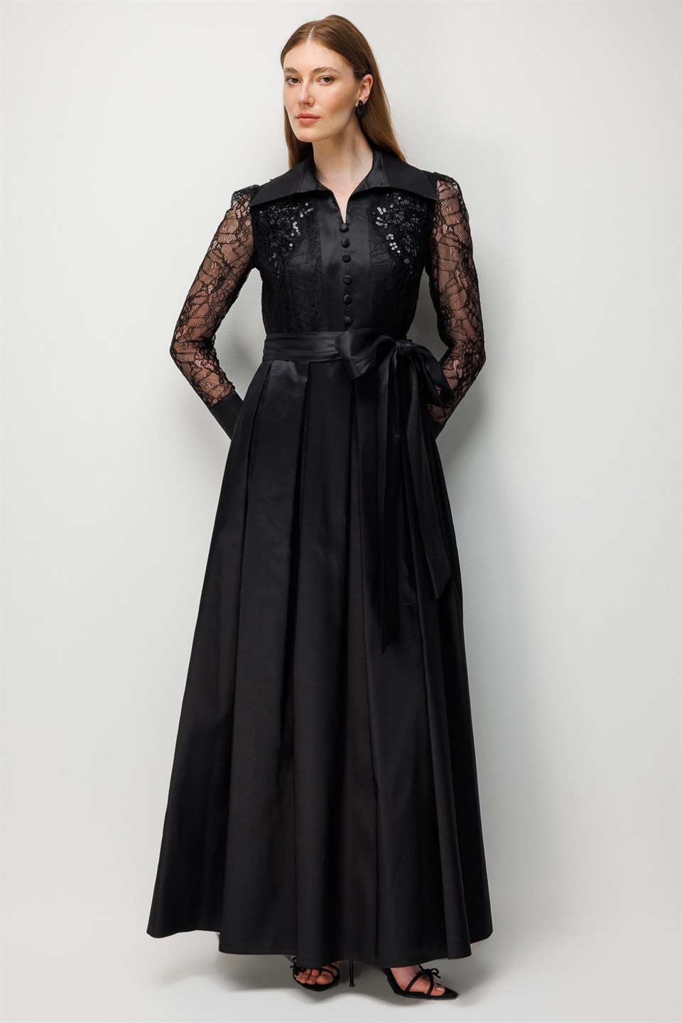 Black Taffeta Dress with Lace Embroidered Sleeves