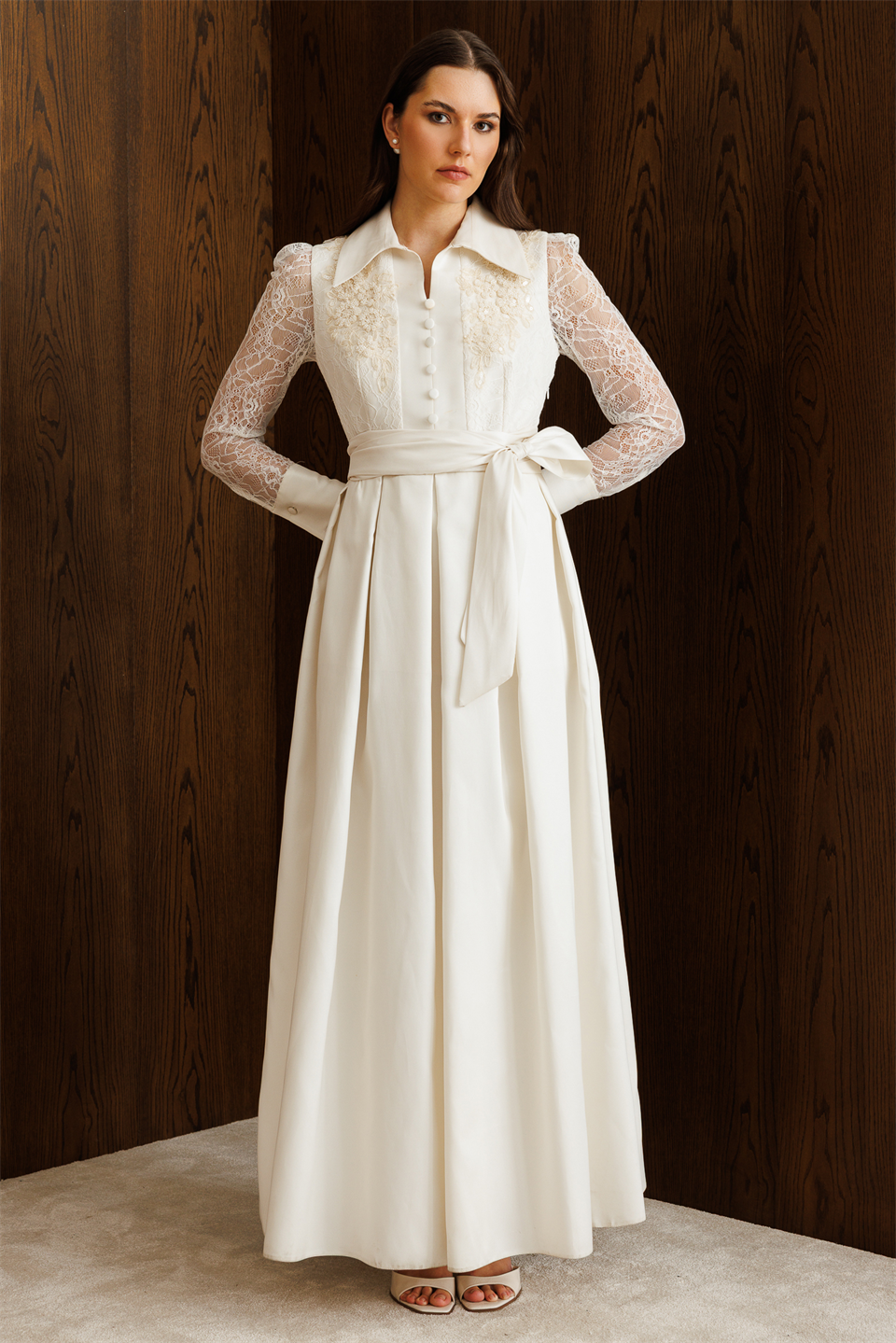 Taffeta Dress with Lace Embroidered Sleeves Ecru