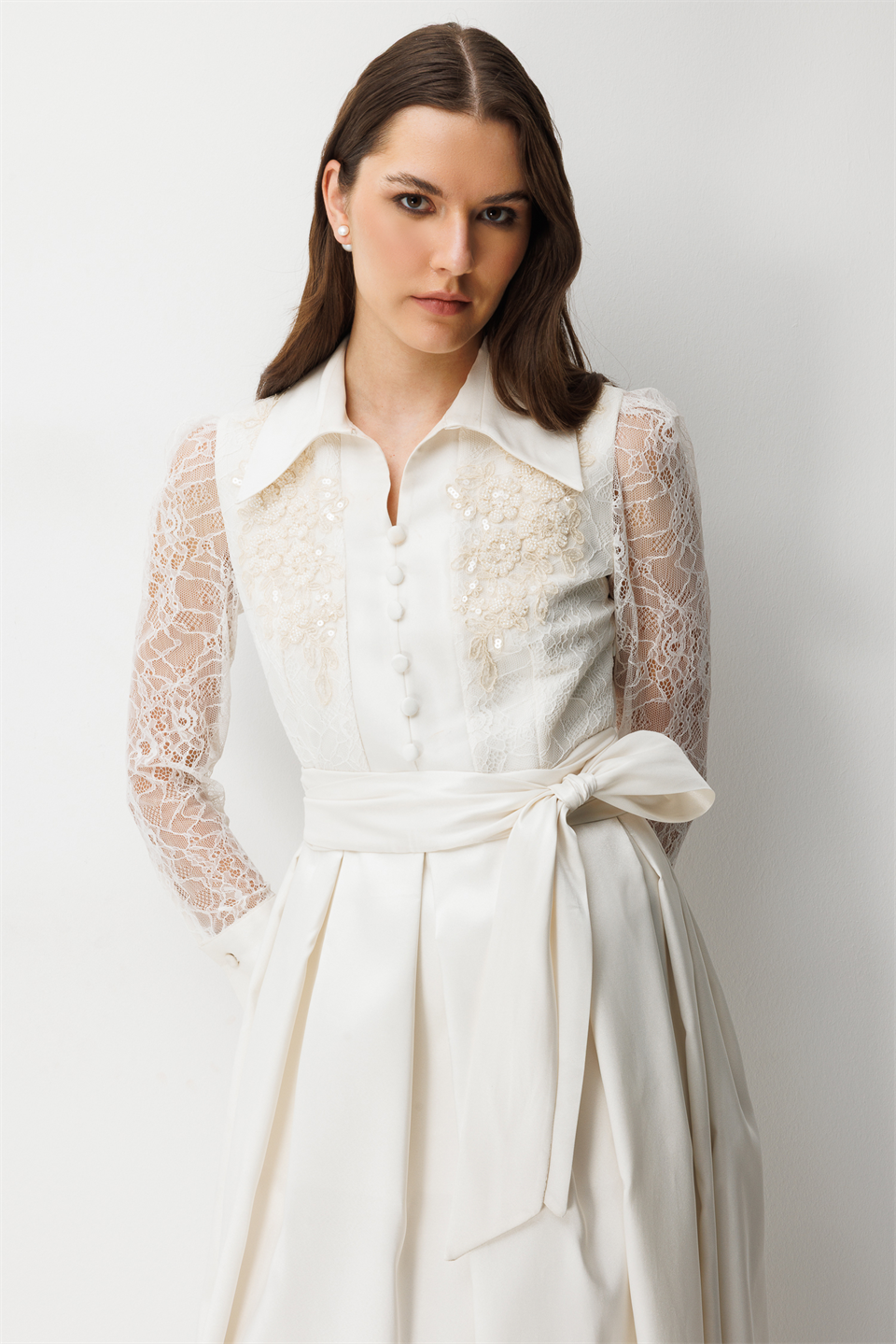 Taffeta Dress with Lace Embroidered Sleeves Ecru