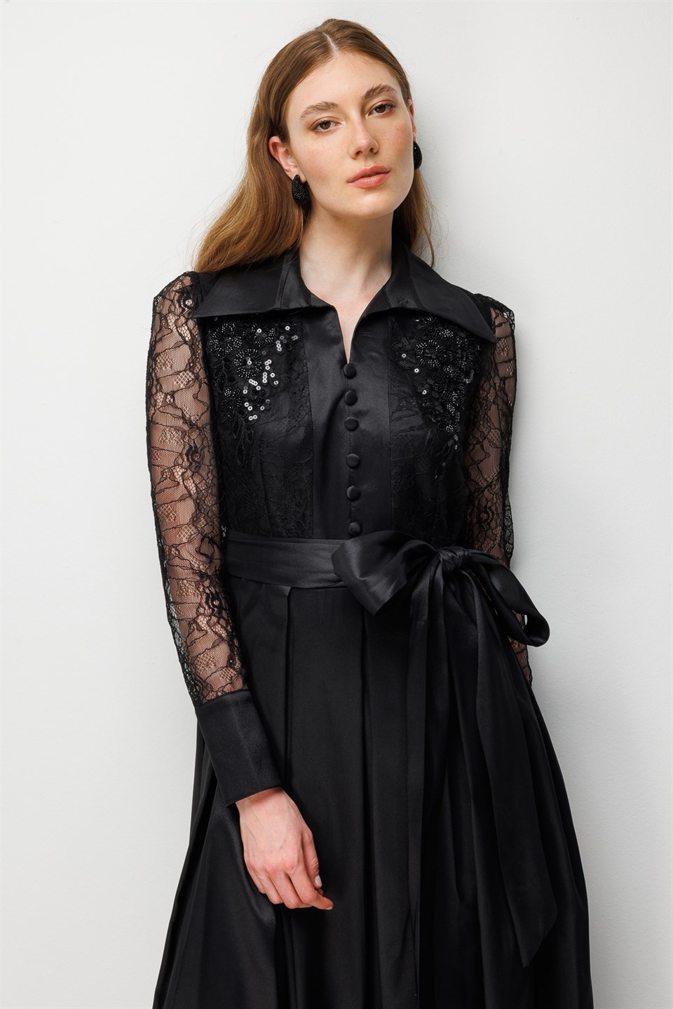 Black Taffeta Dress with Lace Embroidered Sleeves