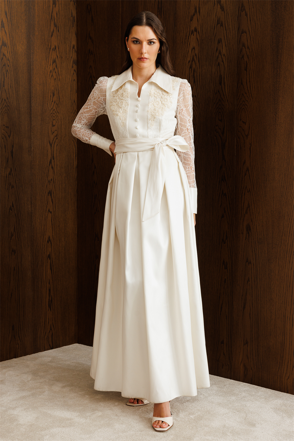 Taffeta Dress with Lace Embroidered Sleeves Ecru