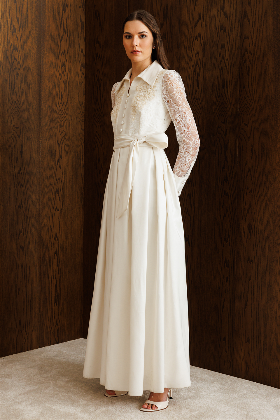 Taffeta Dress with Lace Embroidered Sleeves Ecru