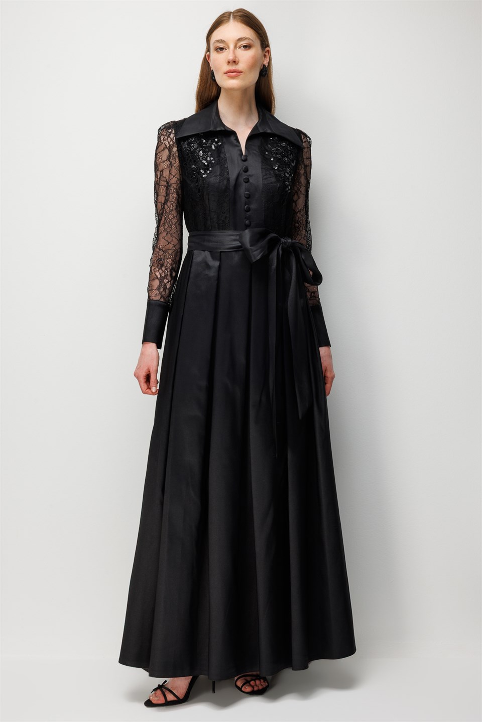 Black Taffeta Dress with Lace Embroidered Sleeves
