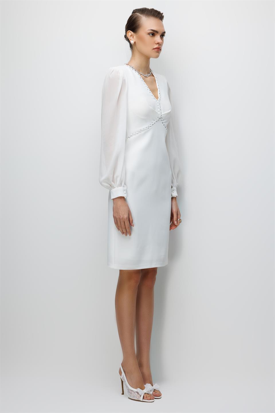 Kolları Şifon V Yaka Elbise EKRU