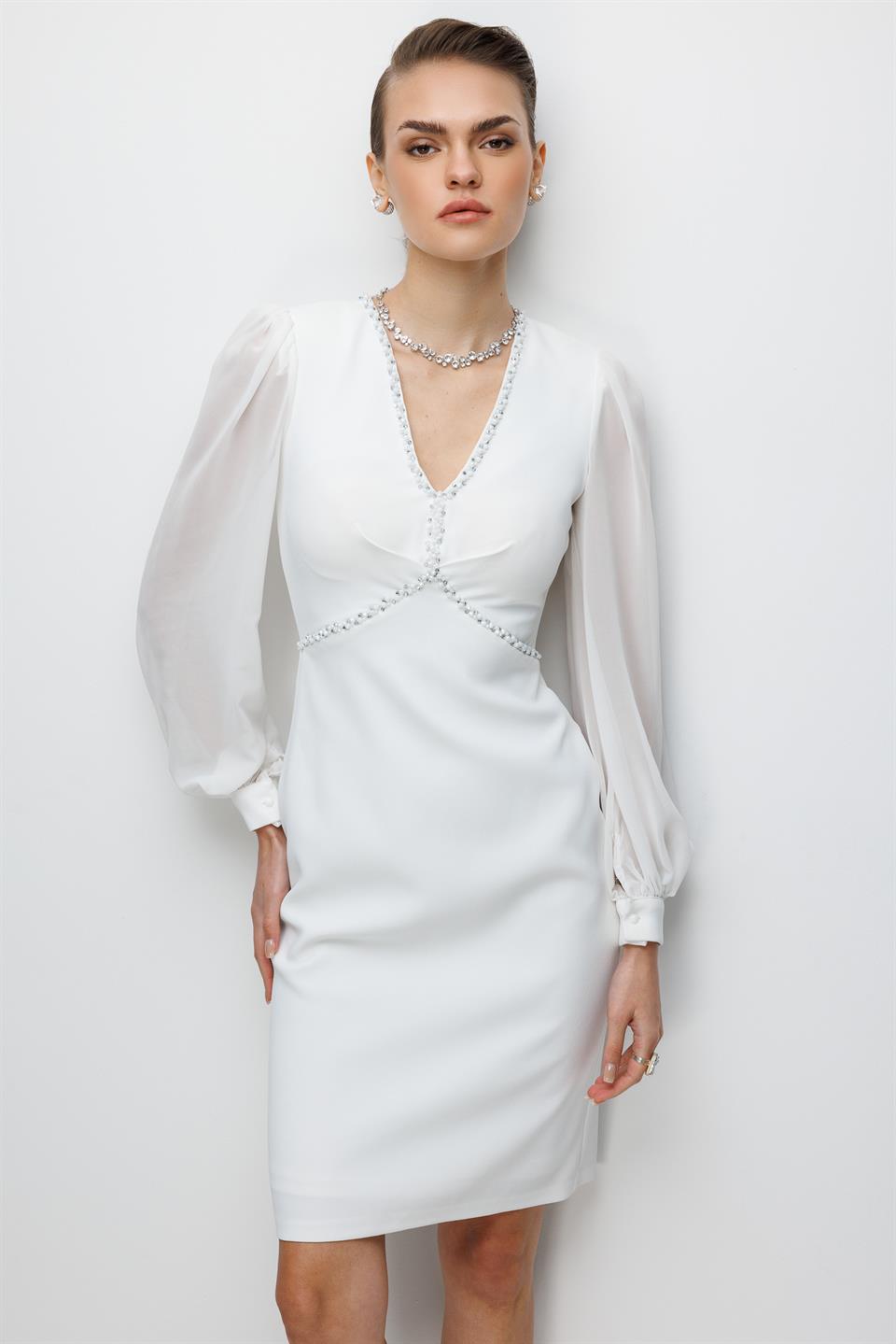 Kolları Şifon V Yaka Elbise EKRU