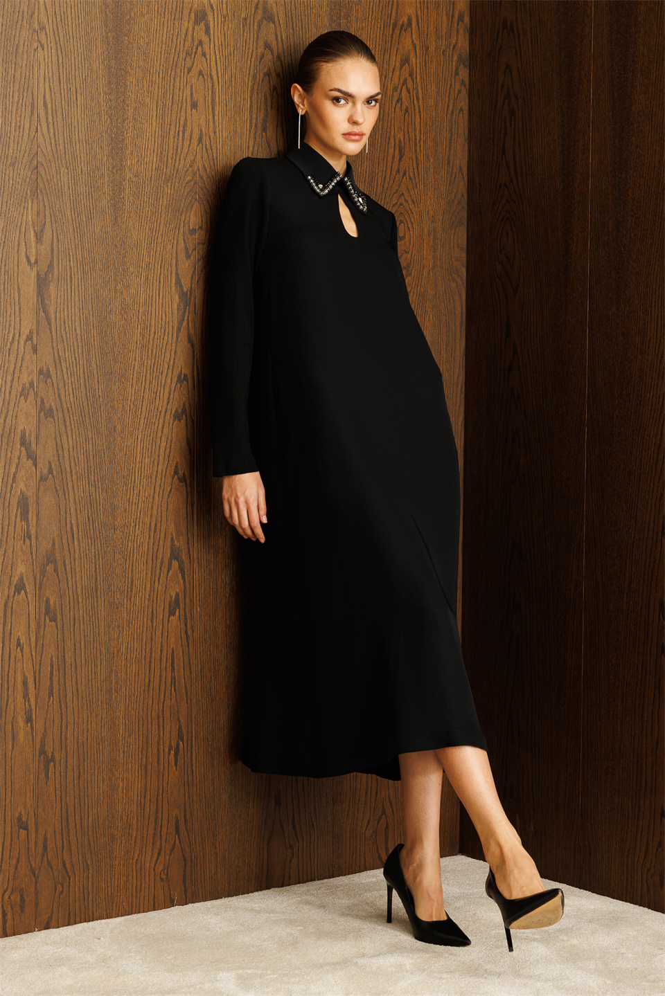 Kolları Trikolu A Form Elbise SİYAH