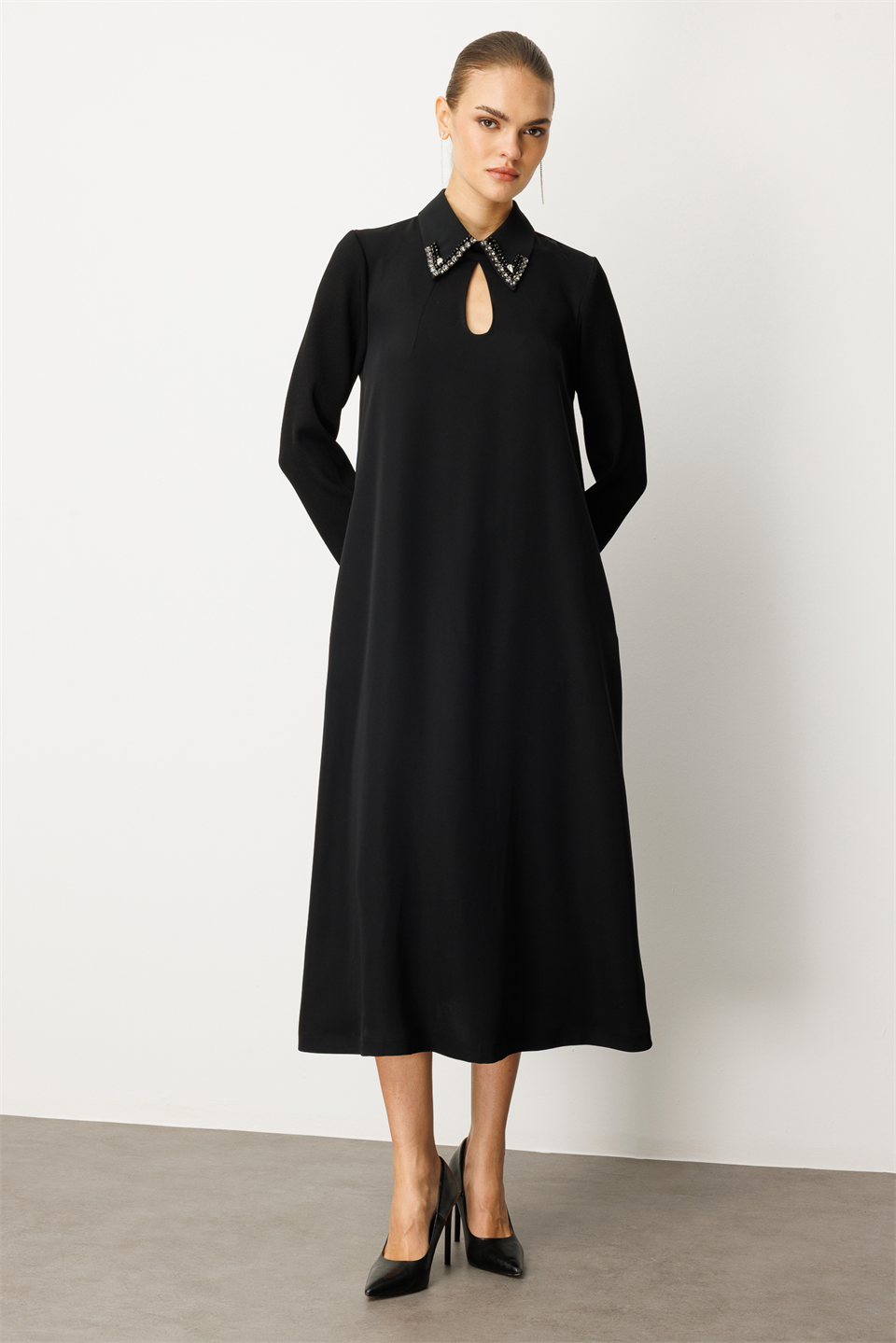 Kolları Trikolu A Form Elbise SİYAH