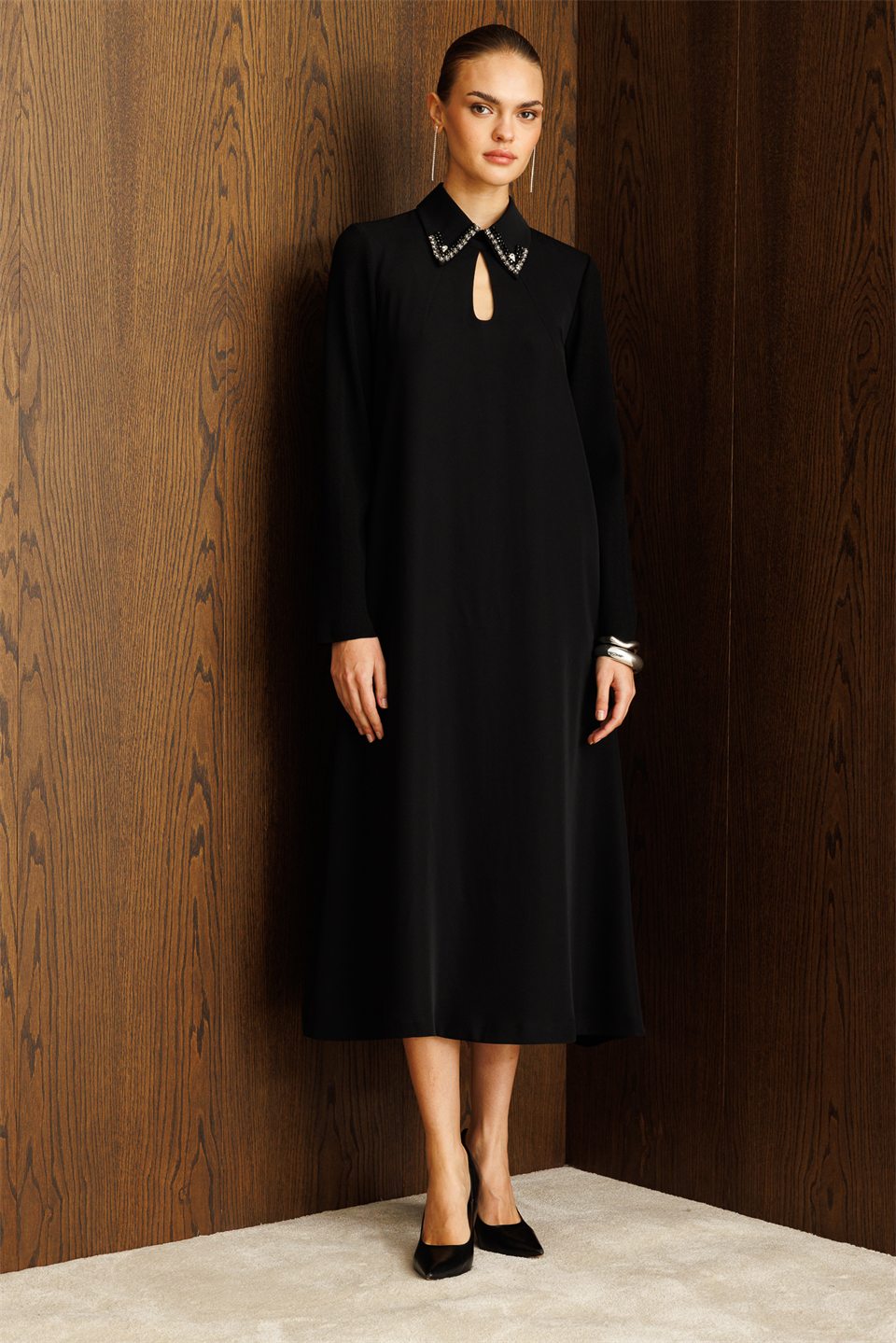 Kolları Trikolu A Form Elbise SİYAH