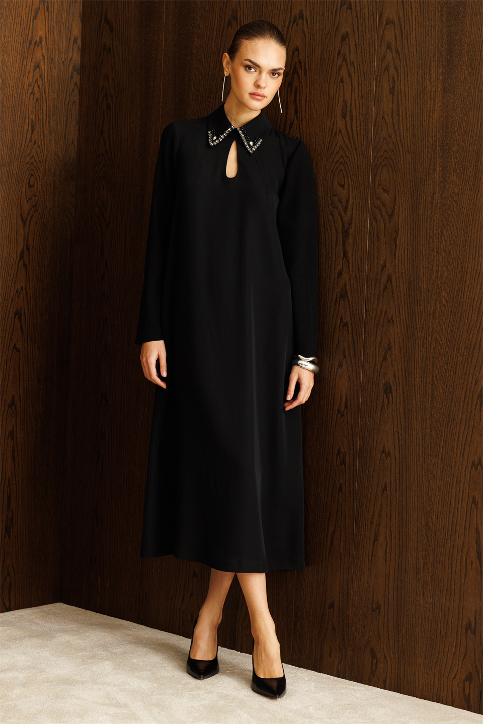 Kolları Trikolu A Form Elbise SİYAH