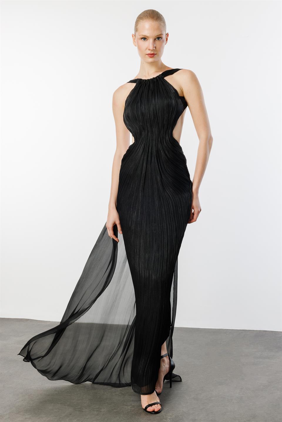 Full Length Pleated Backless Long Dress BLACK