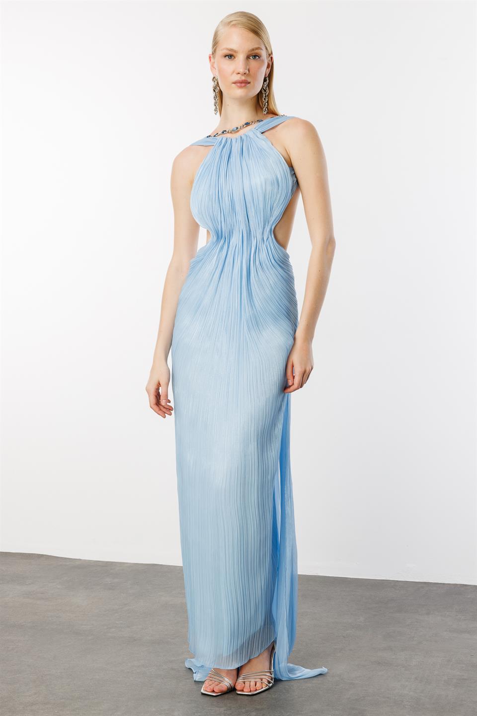 Full Length Pleated Backless Long Dress BLUE