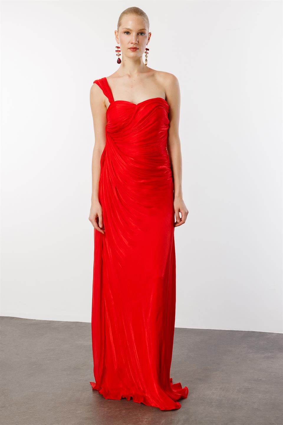 Fully Pleated Waisted One Shoulder Dress RED