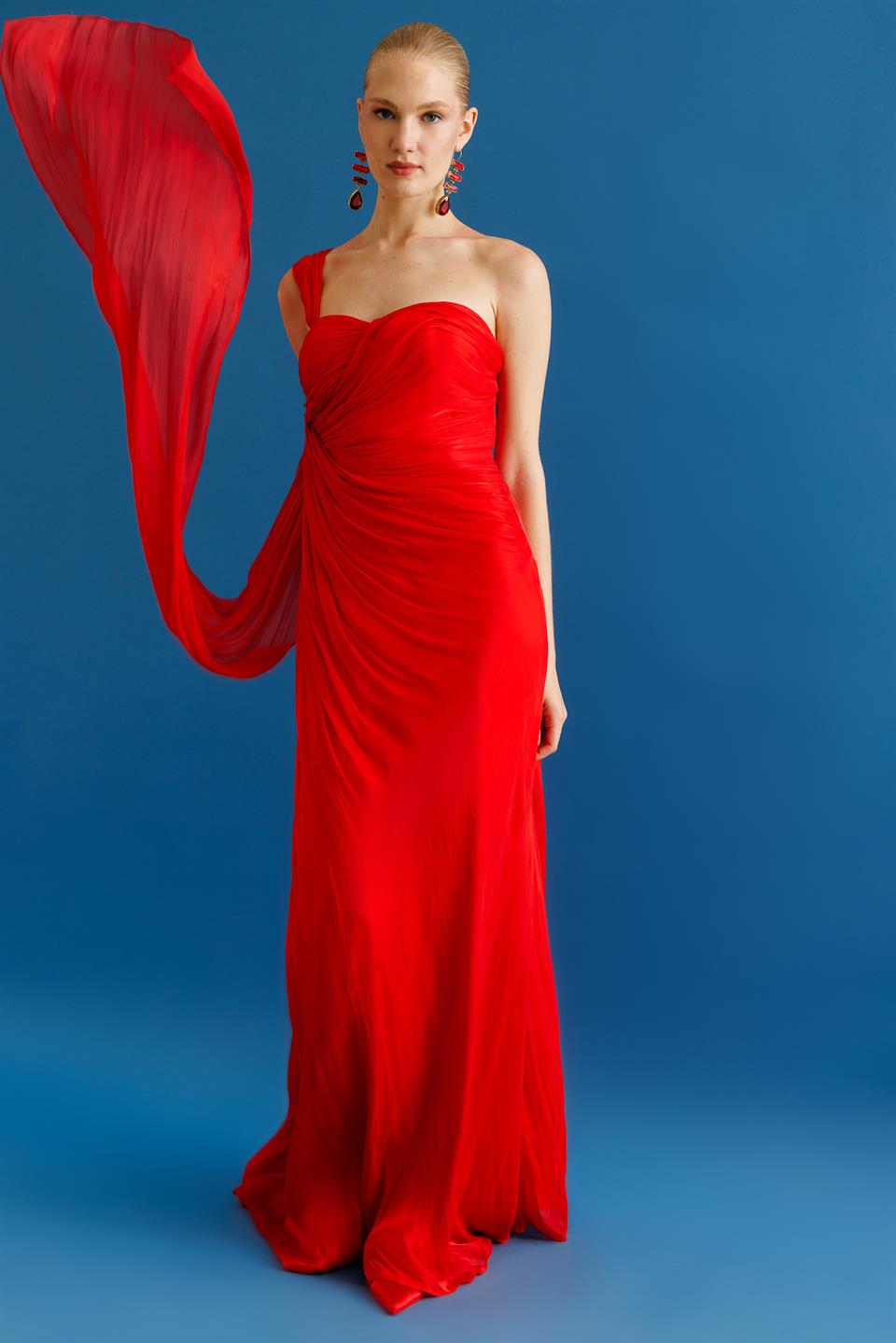 Fully Pleated Waisted One Shoulder Dress RED