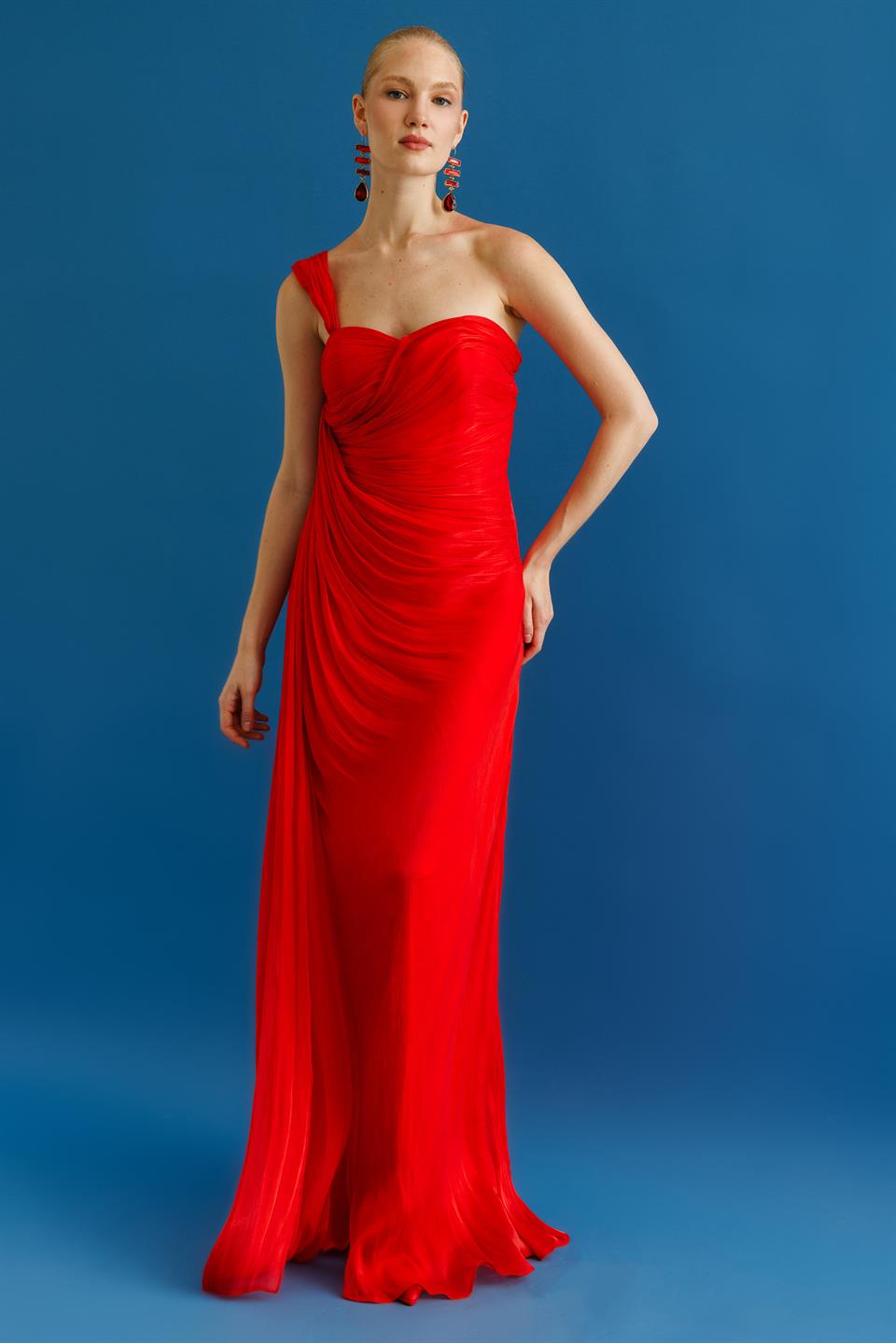 Fully Pleated Waisted One Shoulder Dress RED