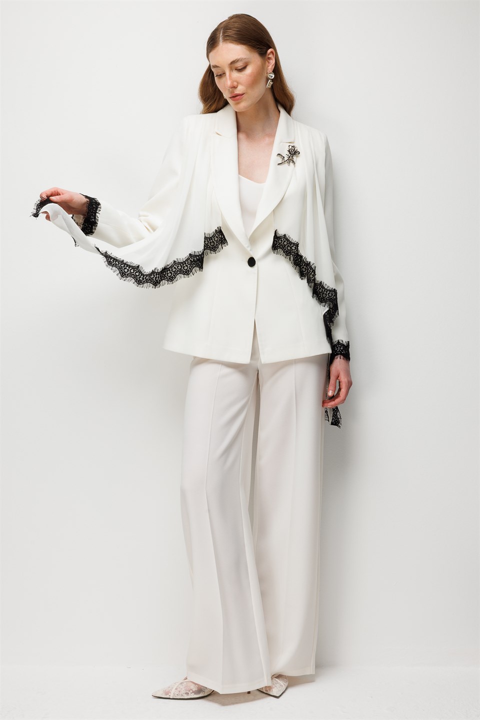 Embroidered Detail Jacket & Pleated Skirt Set ECRU