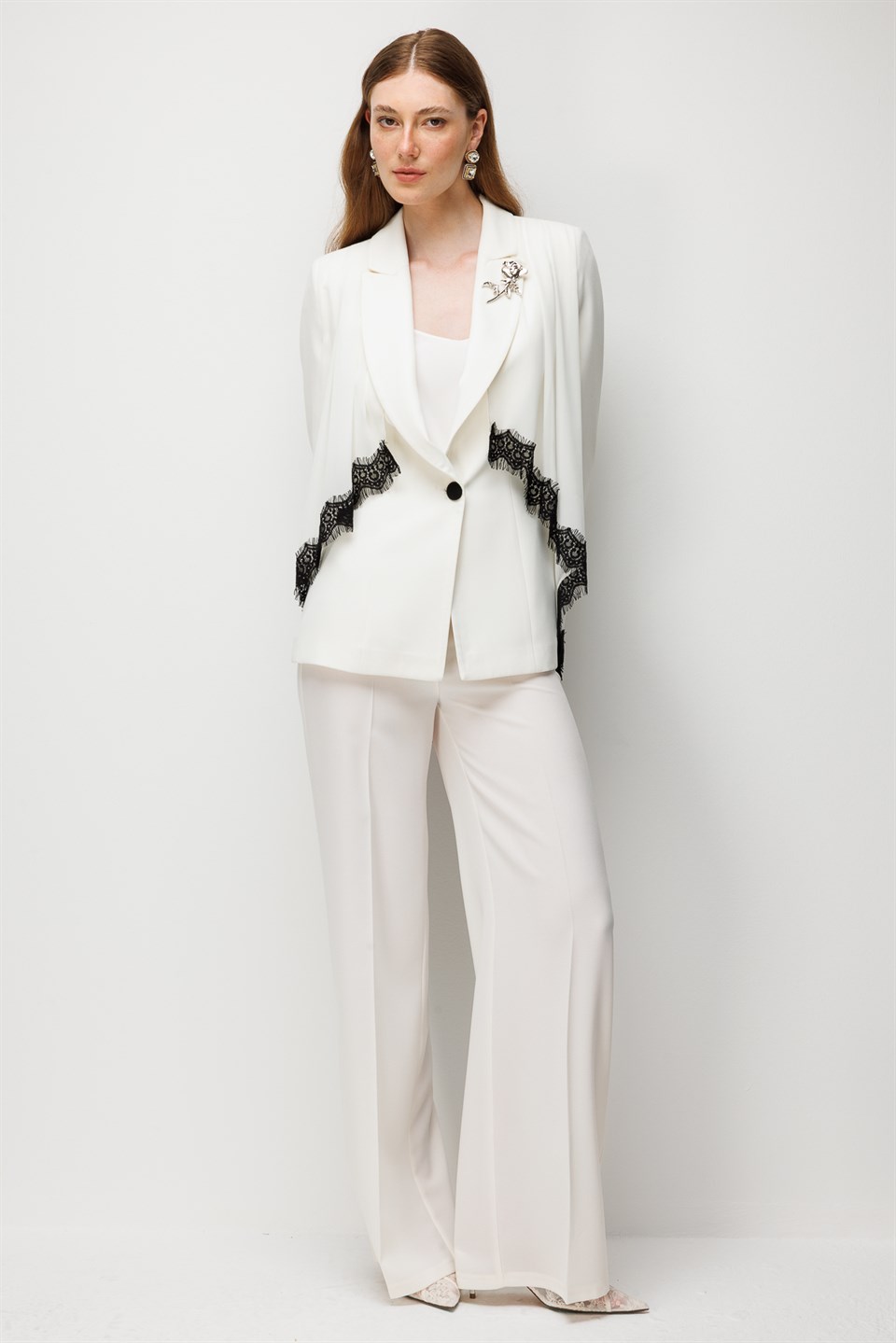 Embroidered Detail Jacket & Pleated Skirt Set ECRU