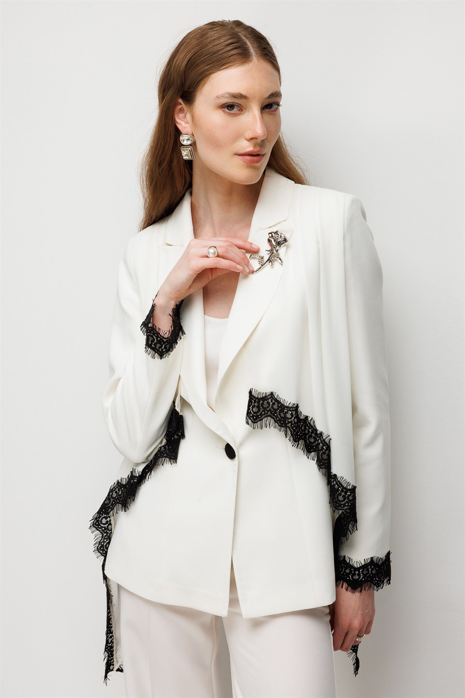 Embroidered Detail Jacket & Pleated Skirt Set ECRU