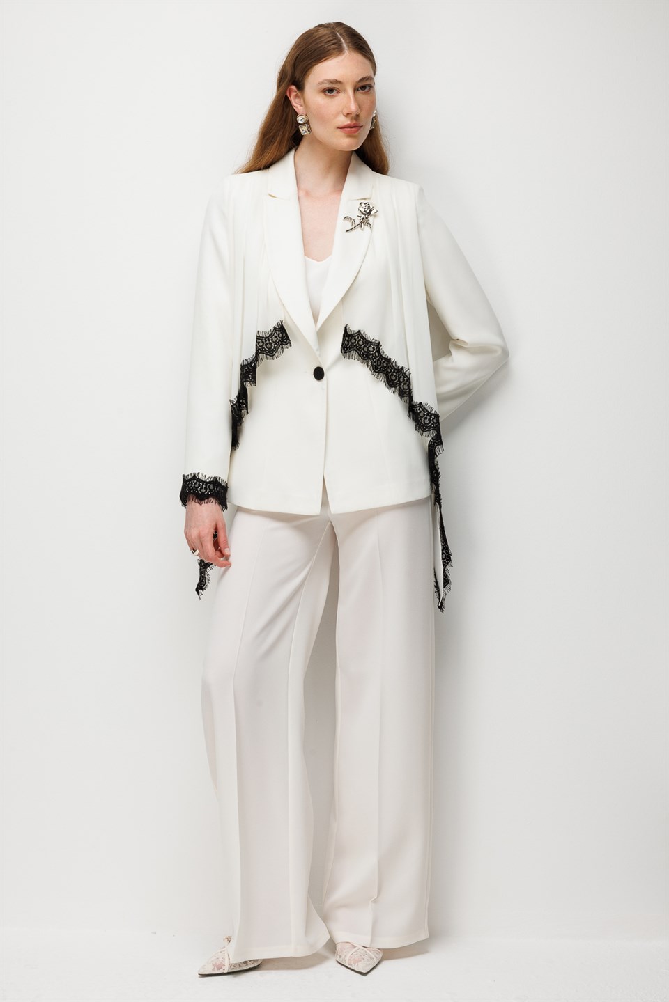 Embroidered Detail Jacket & Pleated Skirt Set ECRU