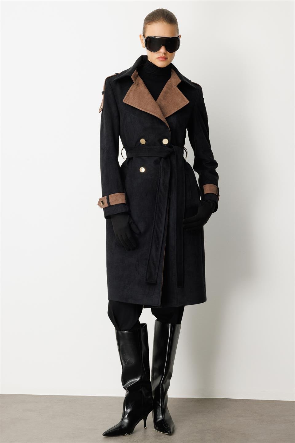 Kontrast Renk Süet Garnili Trençkot SİYAH