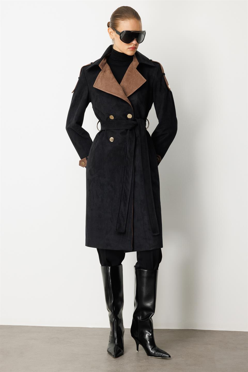 Kontrast Renk Süet Garnili Trençkot SİYAH