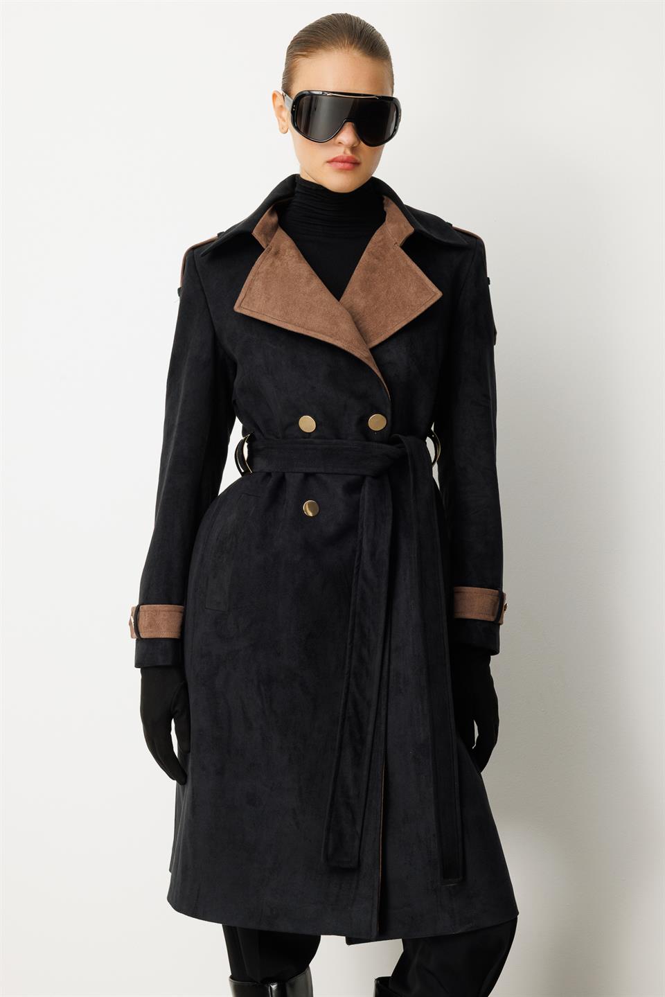 Kontrast Renk Süet Garnili Trençkot SİYAH