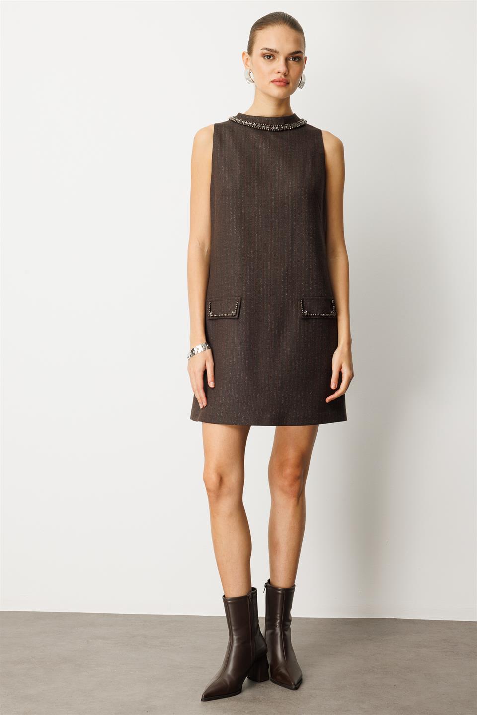 Kristal Taş İşlemeli A Form Elbise KAHVE